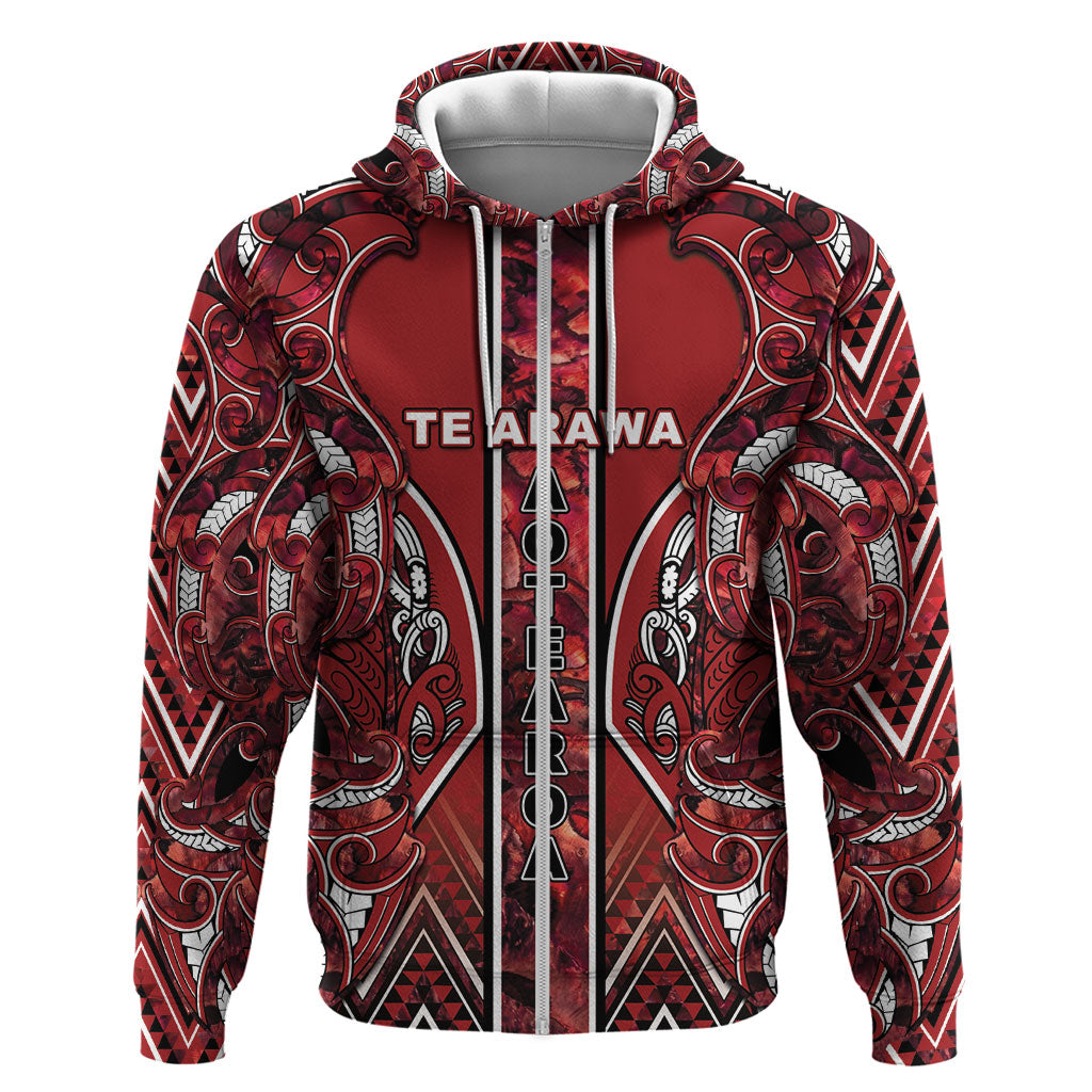 Aotearoa Te Arawa Hoodie Maori Tribal Dark Red Paua Shell Pattern DT05 Zip Hoodie Red - Polynesian Pride