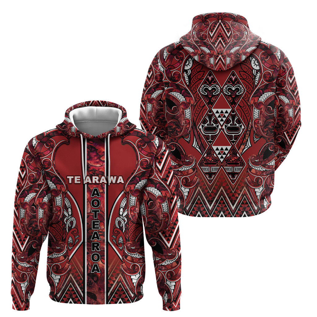 Aotearoa Te Arawa Hoodie Maori Tribal Dark Red Paua Shell Pattern DT05 - Polynesian Pride
