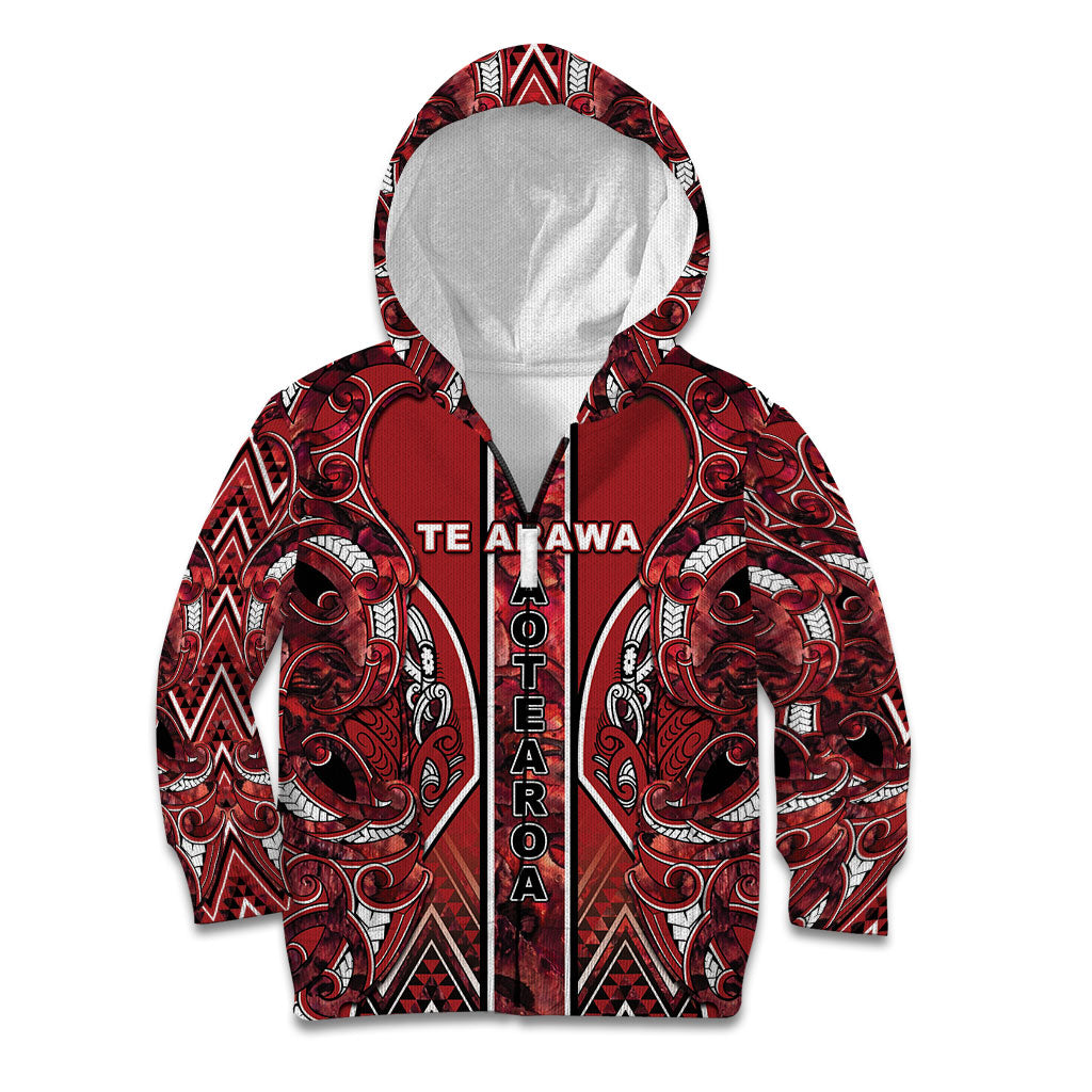 Aotearoa Te Arawa Kid Hoodie Maori Tribal Dark Red Paua Shell Pattern DT05 Zip Hoodie Red - Polynesian Pride
