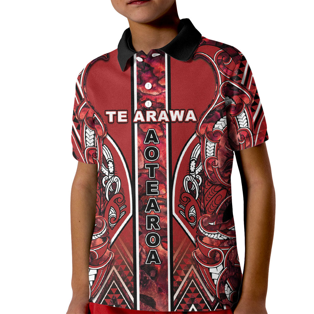 Aotearoa Te Arawa Kid Polo Shirt Maori Tribal Dark Red Paua Shell Pattern DT05 Kid Red - Polynesian Pride