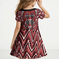 Aotearoa Te Arawa Kid Short Sleeve Dress Maori Tribal Dark Red Paua Shell Pattern DT05 - Polynesian Pride