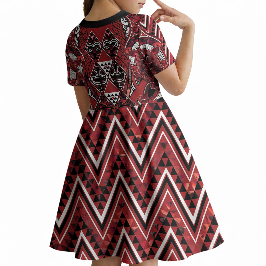 Aotearoa Te Arawa Kid Short Sleeve Dress Maori Tribal Dark Red Paua Shell Pattern DT05 - Polynesian Pride