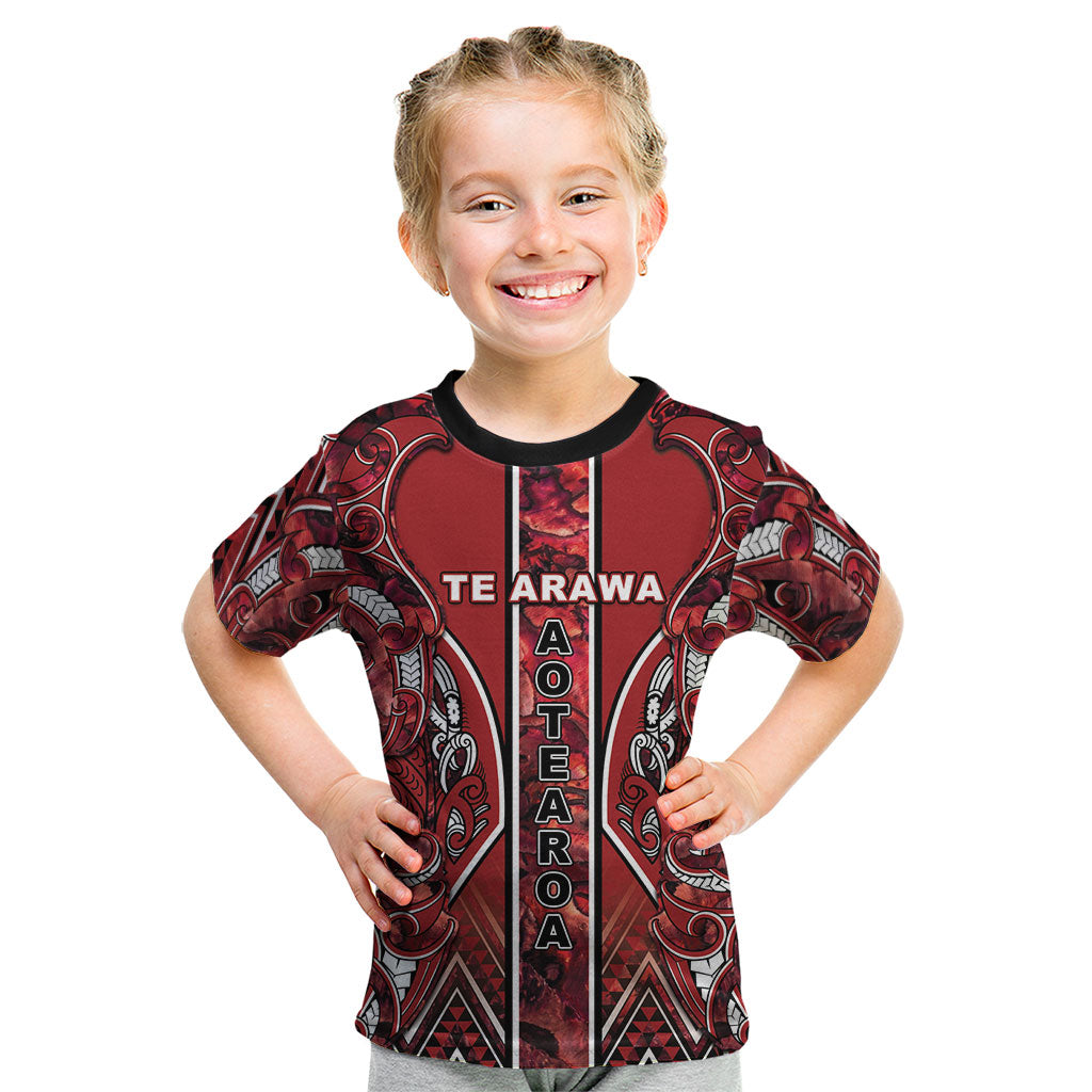 Aotearoa Te Arawa Kid T Shirt Maori Tribal Dark Red Paua Shell Pattern DT05 Red - Polynesian Pride