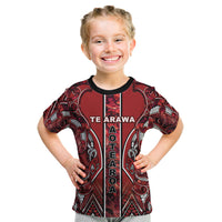 Aotearoa Te Arawa Kid T Shirt Maori Tribal Dark Red Paua Shell Pattern DT05 Red - Polynesian Pride