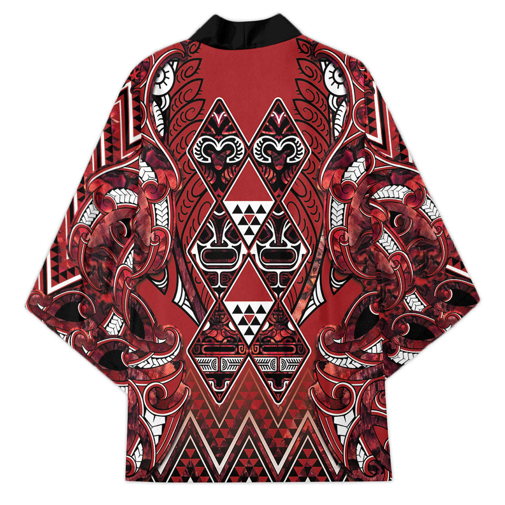 Aotearoa Te Arawa Kimono Maori Tribal Dark Red Paua Shell Pattern DT05 - Polynesian Pride