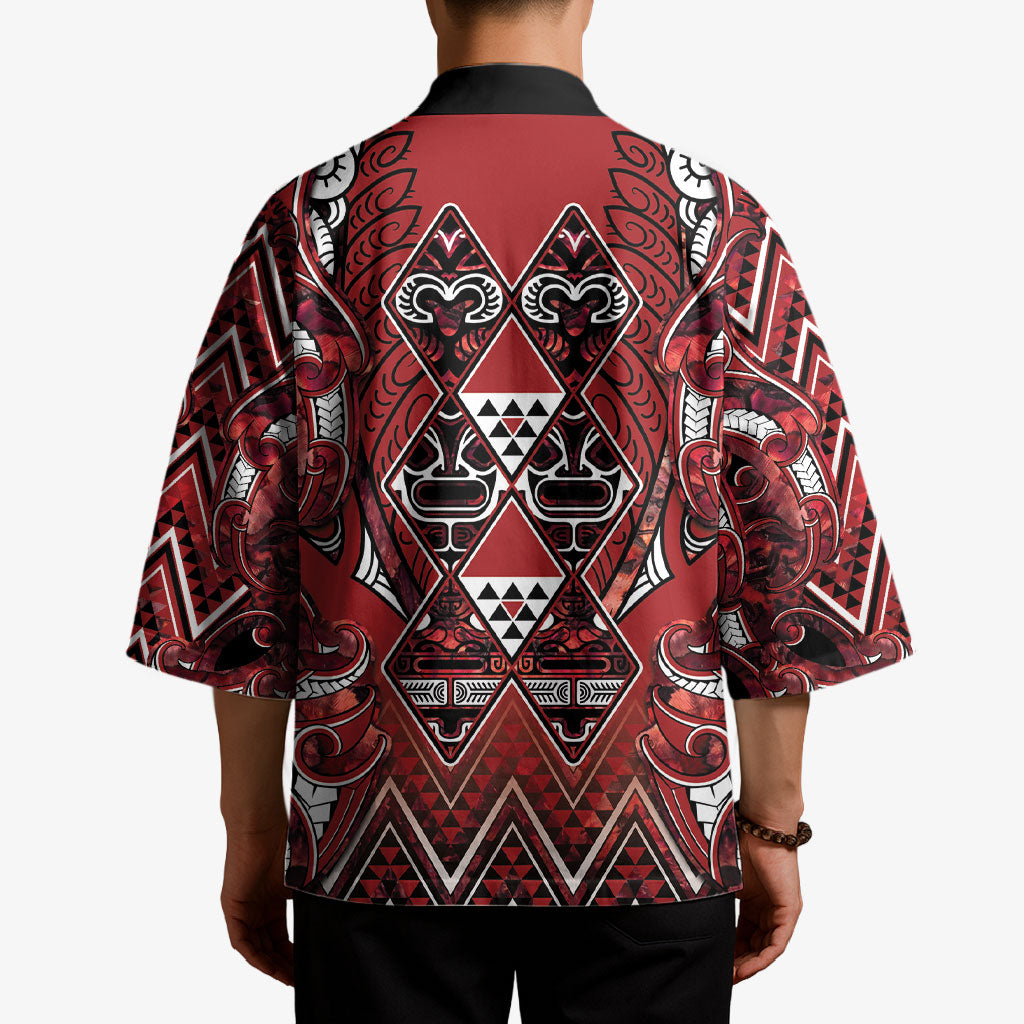 Aotearoa Te Arawa Kimono Maori Tribal Dark Red Paua Shell Pattern DT05 - Polynesian Pride