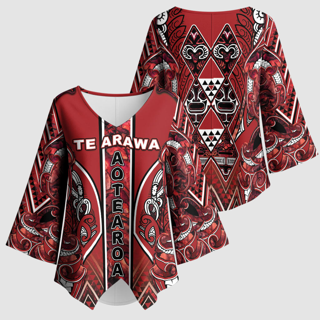 Aotearoa Te Arawa Kimono Sleeve Blouse Maori Tribal Dark Red Paua Shell Pattern DT05 - Polynesian Pride
