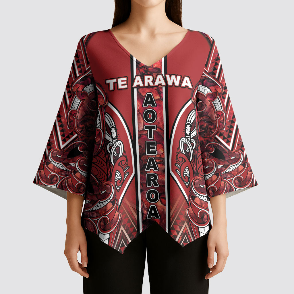 Aotearoa Te Arawa Kimono Sleeve Blouse Maori Tribal Dark Red Paua Shell Pattern DT05 - Polynesian Pride