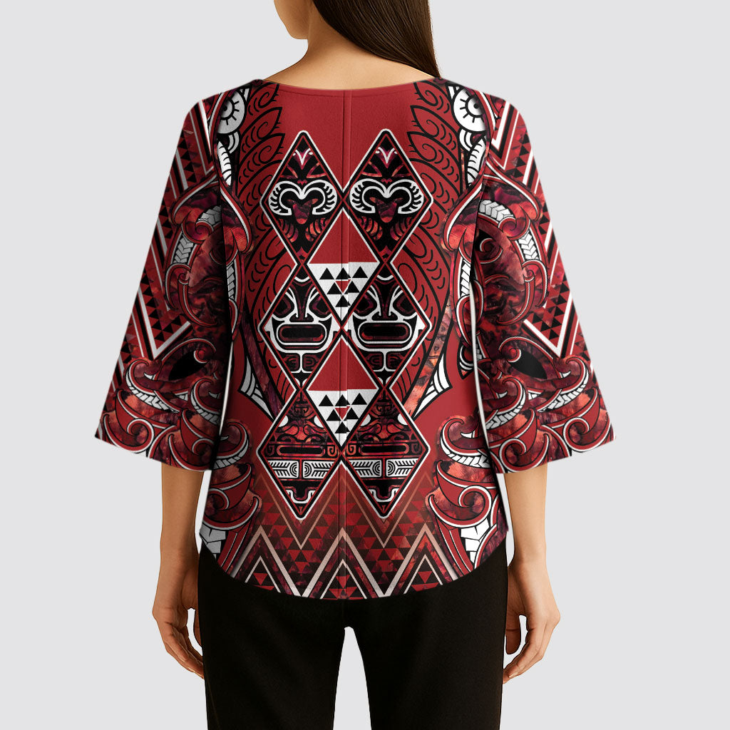 Aotearoa Te Arawa Kimono Sleeve Blouse Maori Tribal Dark Red Paua Shell Pattern DT05 - Polynesian Pride