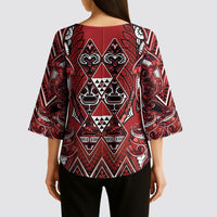 Aotearoa Te Arawa Kimono Sleeve Blouse Maori Tribal Dark Red Paua Shell Pattern DT05 - Polynesian Pride