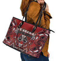 Aotearoa Te Arawa Leather Tote Bag Maori Tribal Dark Red Paua Shell Pattern DT05 - Polynesian Pride
