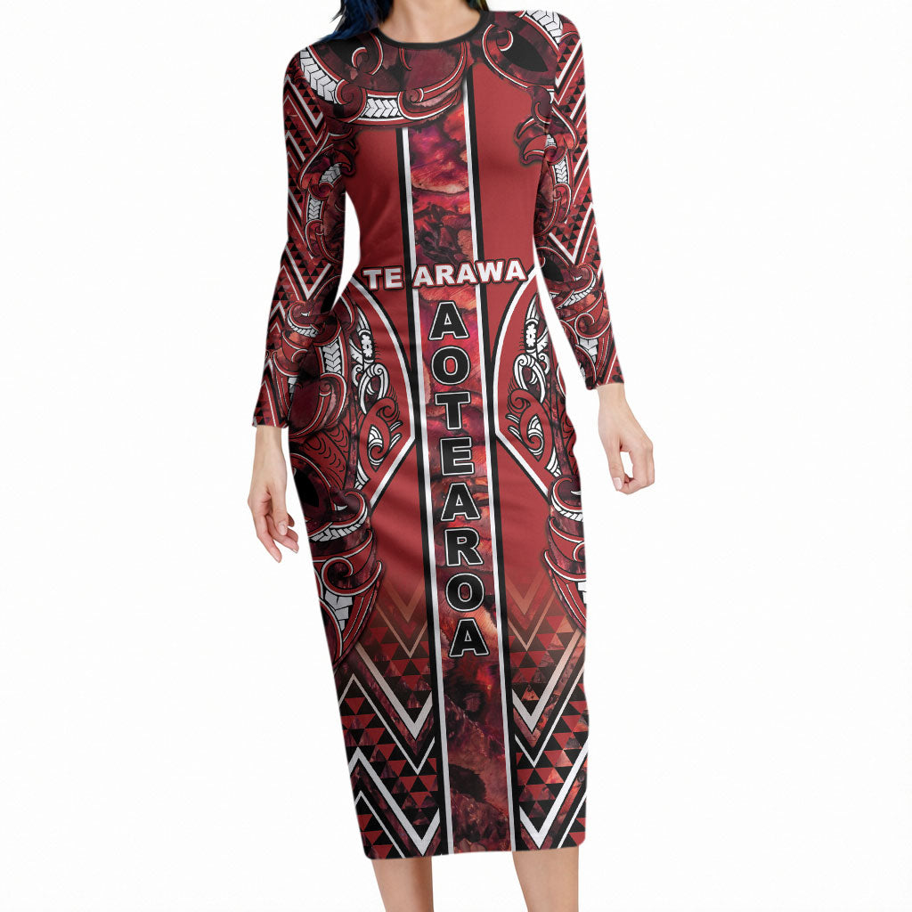 Aotearoa Te Arawa Long Sleeve Bodycon Dress Maori Tribal Dark Red Paua Shell Pattern DT05 Long Dress Red - Polynesian Pride