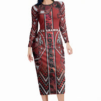 Aotearoa Te Arawa Long Sleeve Bodycon Dress Maori Tribal Dark Red Paua Shell Pattern DT05 Long Dress Red - Polynesian Pride