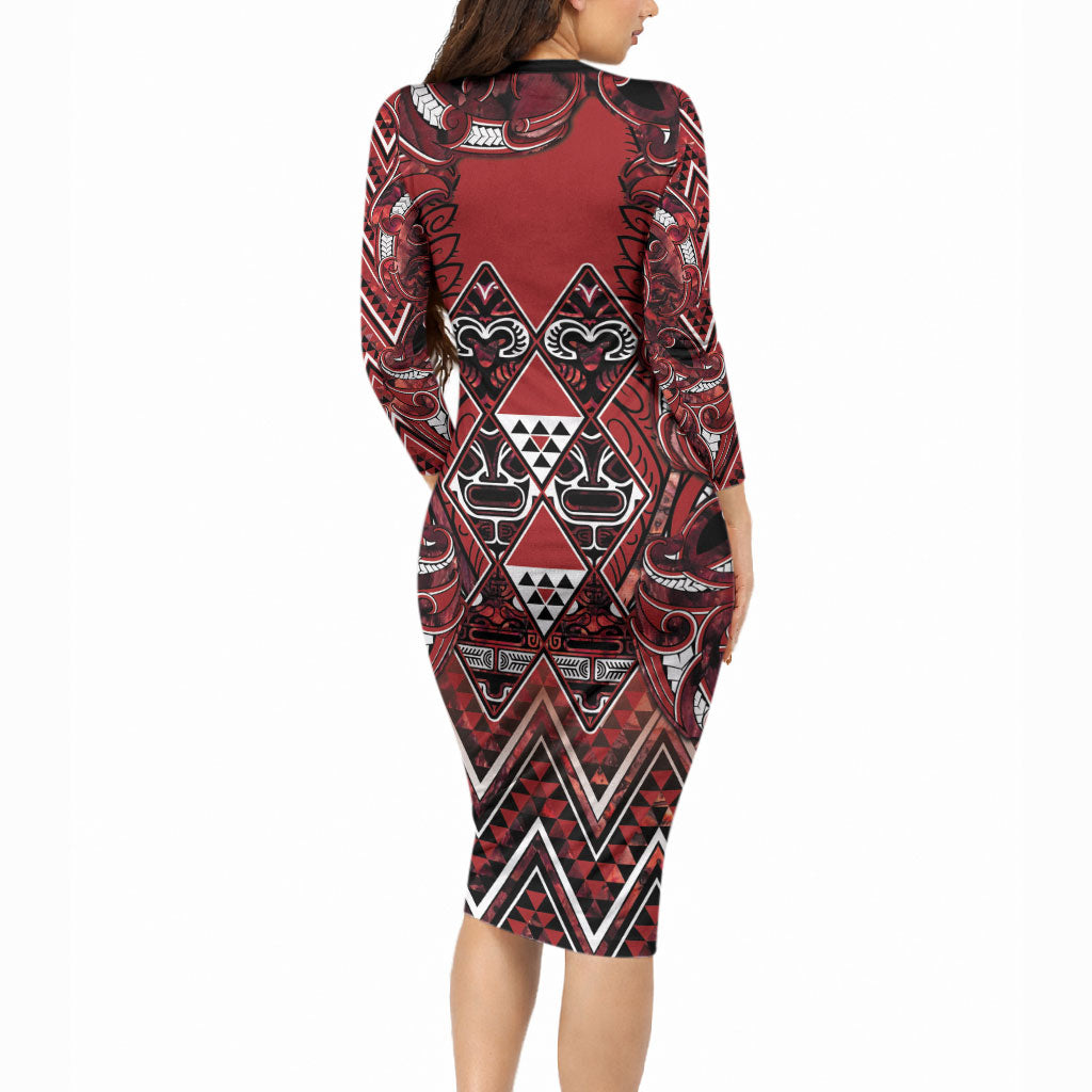 Aotearoa Te Arawa Long Sleeve Bodycon Dress Maori Tribal Dark Red Paua Shell Pattern DT05 - Polynesian Pride