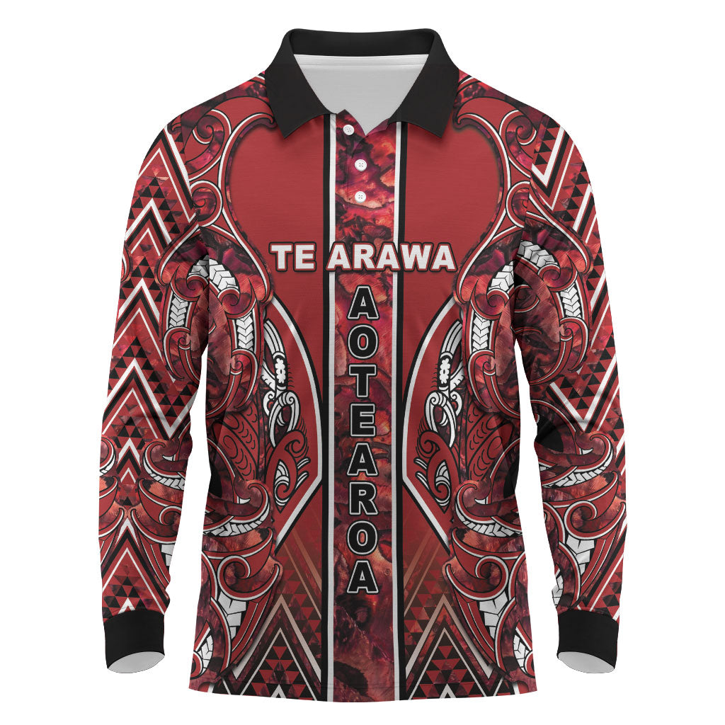 Aotearoa Te Arawa Long Sleeve Polo Shirt Maori Tribal Dark Red Paua Shell Pattern DT05 Red - Polynesian Pride