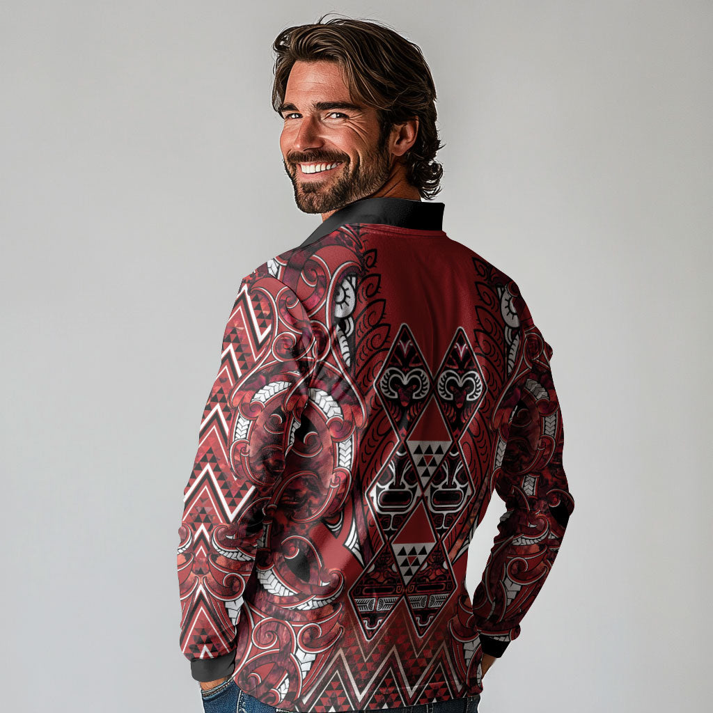 Aotearoa Te Arawa Long Sleeve Polo Shirt Maori Tribal Dark Red Paua Shell Pattern DT05 - Polynesian Pride