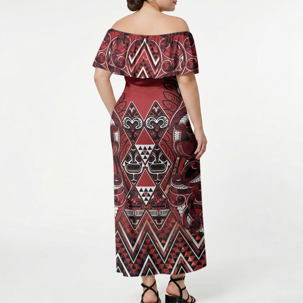 Aotearoa Te Arawa Off Shoulder Maxi Dress Maori Tribal Dark Red Paua Shell Pattern DT05 - Polynesian Pride