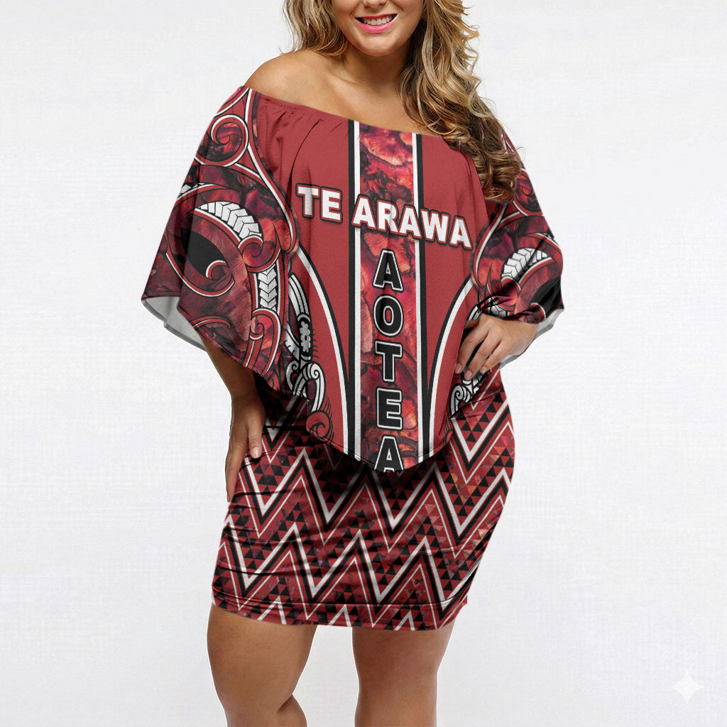 Aotearoa Te Arawa Off Shoulder Short Dress Maori Tribal Dark Red Paua Shell Pattern DT05 Women Red - Polynesian Pride
