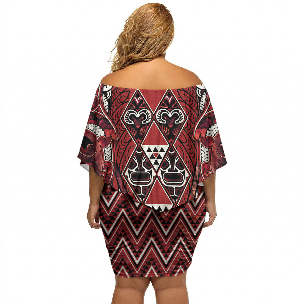 Aotearoa Te Arawa Off Shoulder Short Dress Maori Tribal Dark Red Paua Shell Pattern DT05 - Polynesian Pride