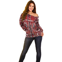 Aotearoa Te Arawa Off Shoulder Sweater Maori Tribal Dark Red Paua Shell Pattern DT05 - Polynesian Pride