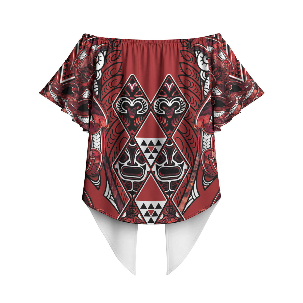 Aotearoa Te Arawa Off Shoulder Wrap Waist Top Maori Tribal Dark Red Paua Shell Pattern DT05 - Polynesian Pride
