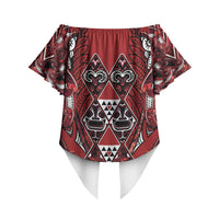 Aotearoa Te Arawa Off Shoulder Wrap Waist Top Maori Tribal Dark Red Paua Shell Pattern DT05 - Polynesian Pride