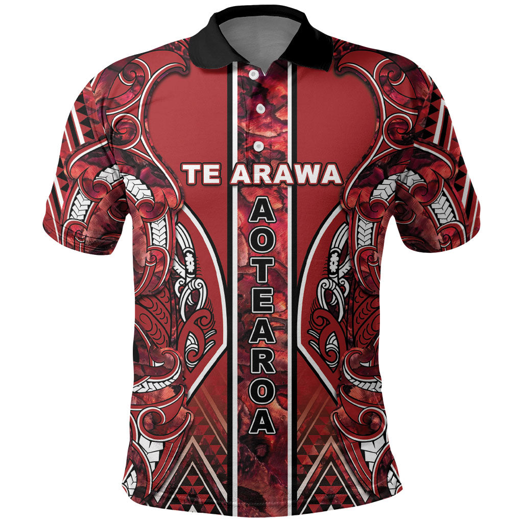 Aotearoa Te Arawa Polo Shirt Maori Tribal Dark Red Paua Shell Pattern DT05 Red - Polynesian Pride
