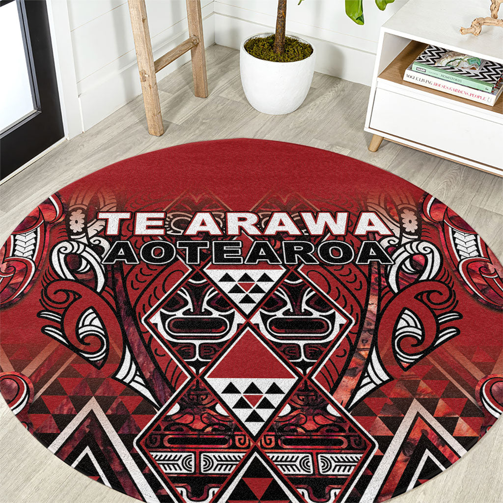 Aotearoa Te Arawa Round Carpet Maori Tribal Dark Red Paua Shell Pattern DT05 Red - Polynesian Pride
