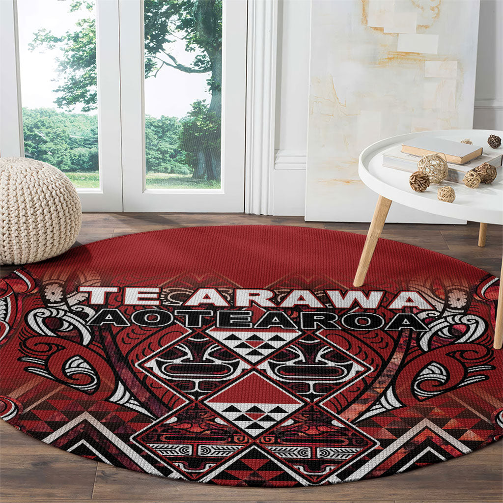Aotearoa Te Arawa Round Carpet Maori Tribal Dark Red Paua Shell Pattern DT05 - Polynesian Pride
