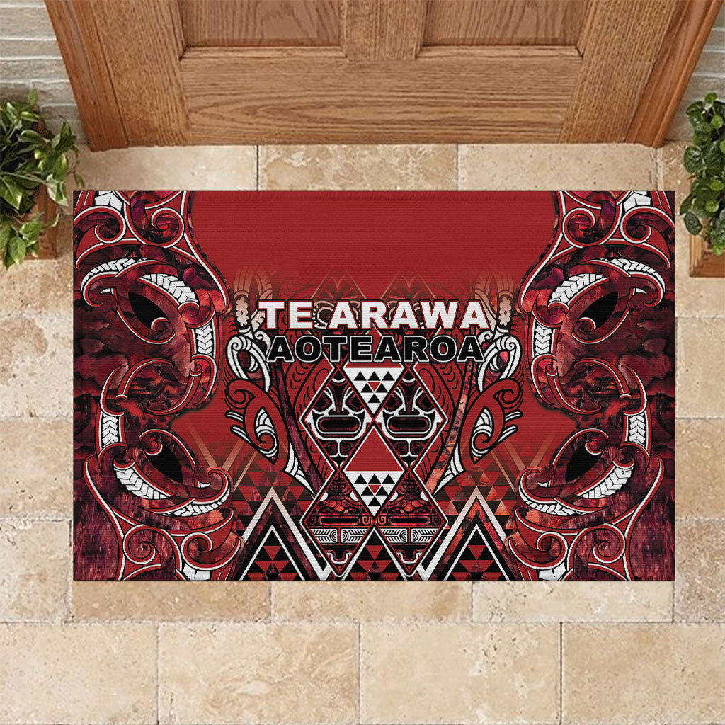 Aotearoa Te Arawa Rubber Doormat Maori Tribal Dark Red Paua Shell Pattern DT05 Red - Polynesian Pride