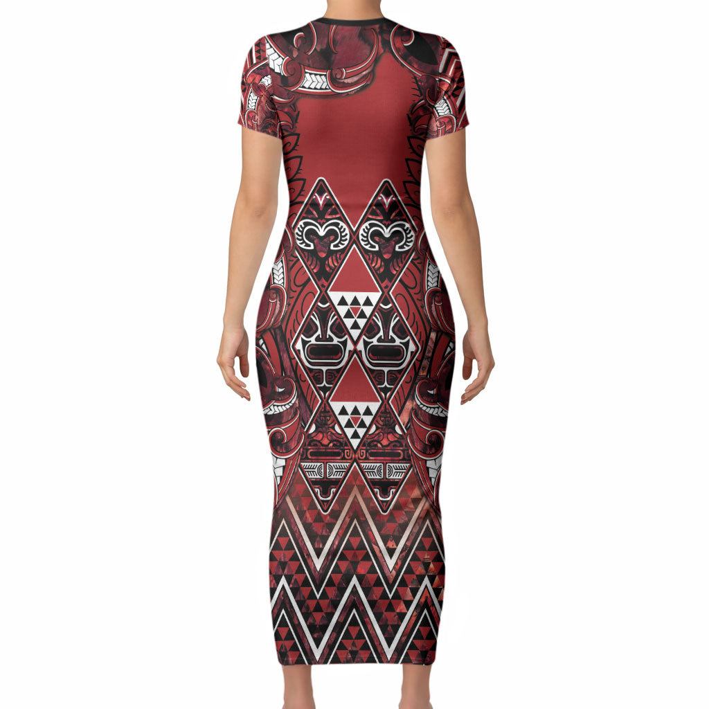 Aotearoa Te Arawa Short Sleeve Bodycon Dress Maori Tribal Dark Red Paua Shell Pattern DT05 - Polynesian Pride