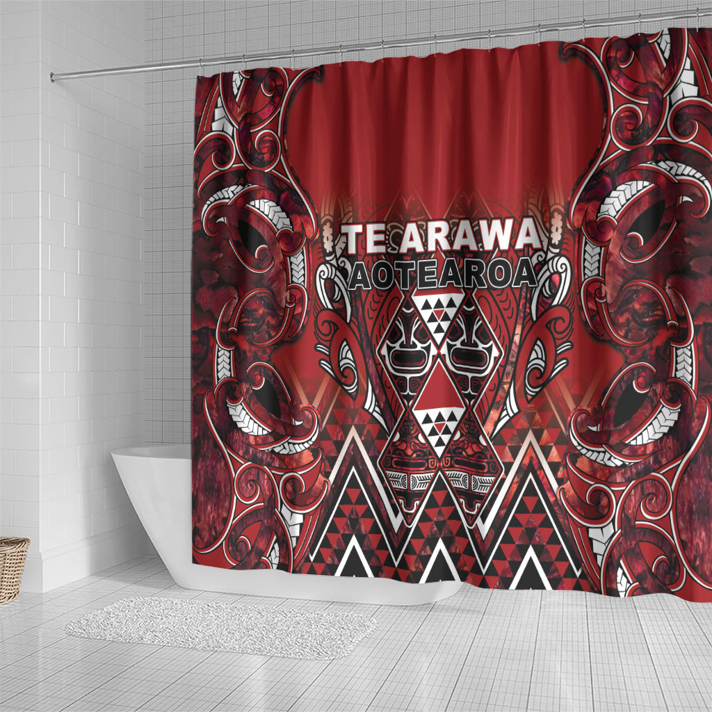 Aotearoa Te Arawa Shower Curtain Maori Tribal Dark Red Paua Shell Pattern DT05 - Polynesian Pride