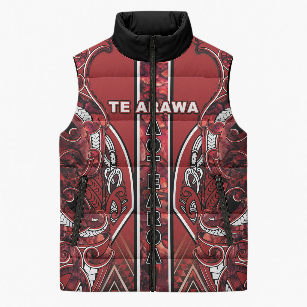 Aotearoa Te Arawa Sleeveless Puffer Jacket Maori Tribal Dark Red Paua Shell Pattern DT05 Unisex Red - Polynesian Pride