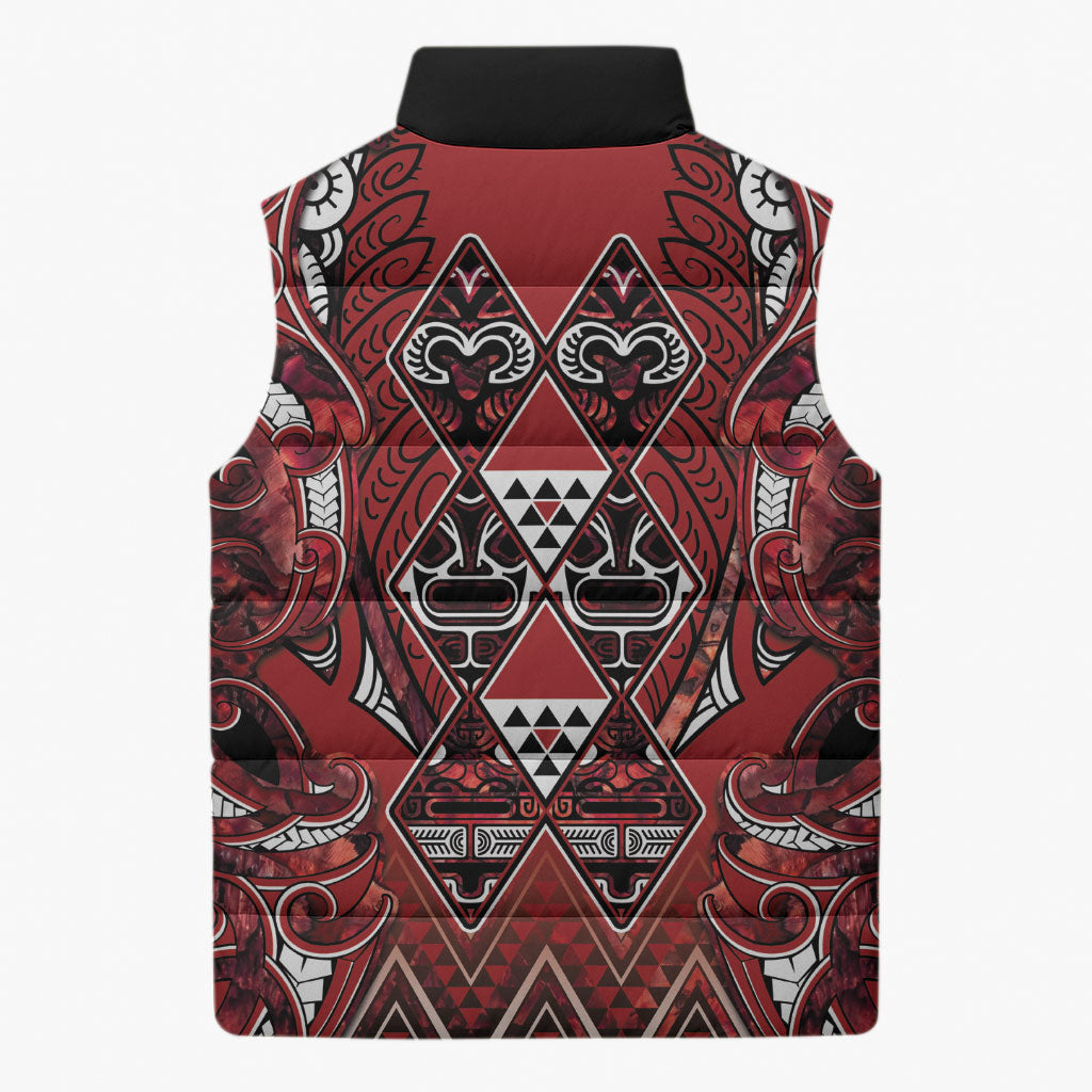 Aotearoa Te Arawa Sleeveless Puffer Jacket Maori Tribal Dark Red Paua Shell Pattern DT05 - Polynesian Pride