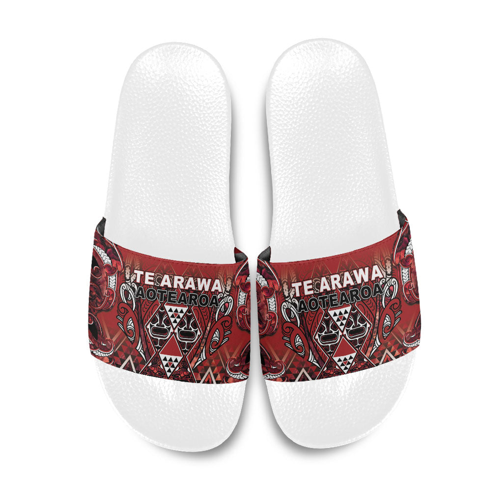 Aotearoa Te Arawa Slide Sandals Maori Tribal Dark Red Paua Shell Pattern DT05 Red - Polynesian Pride