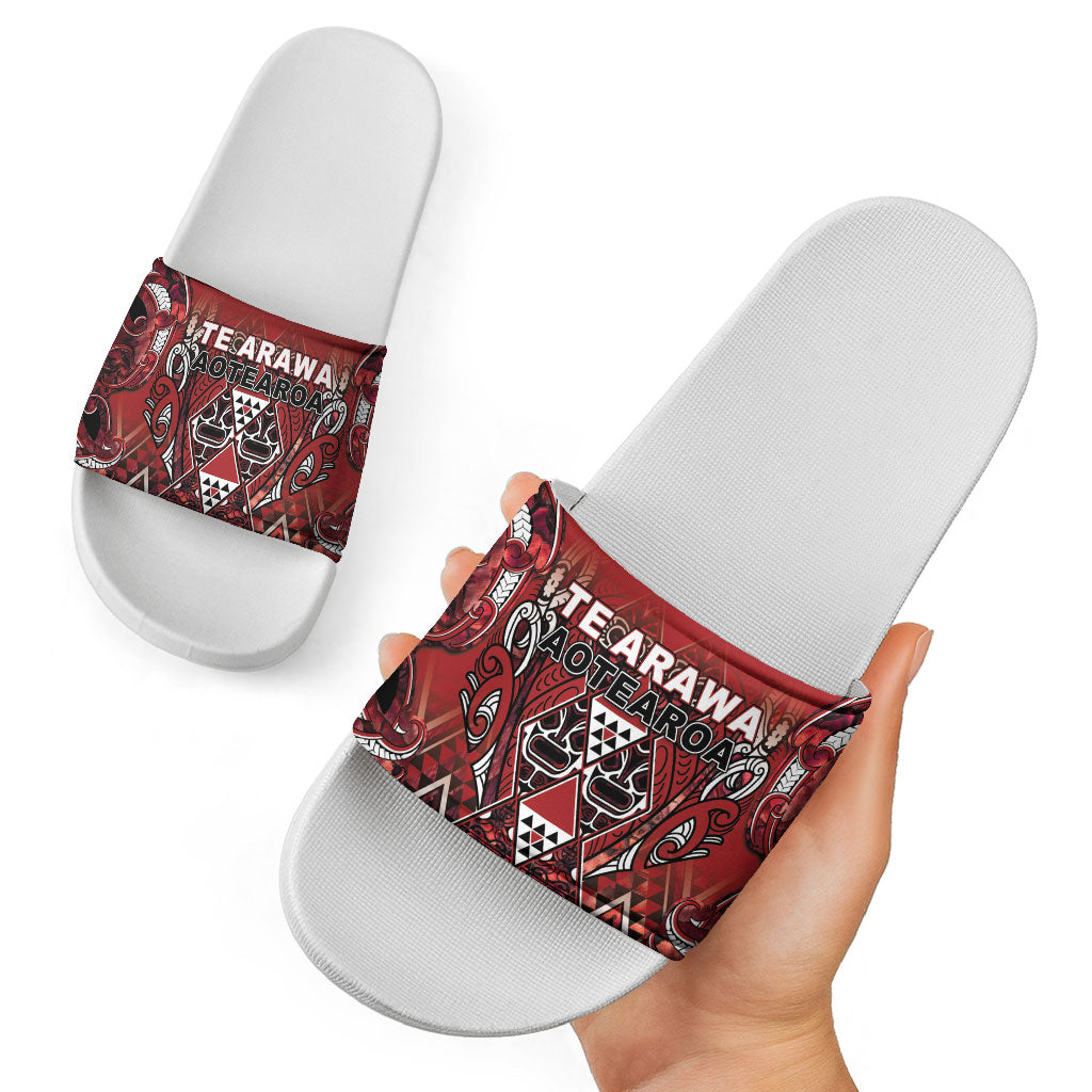 Aotearoa Te Arawa Slide Sandals Maori Tribal Dark Red Paua Shell Pattern DT05 - Polynesian Pride