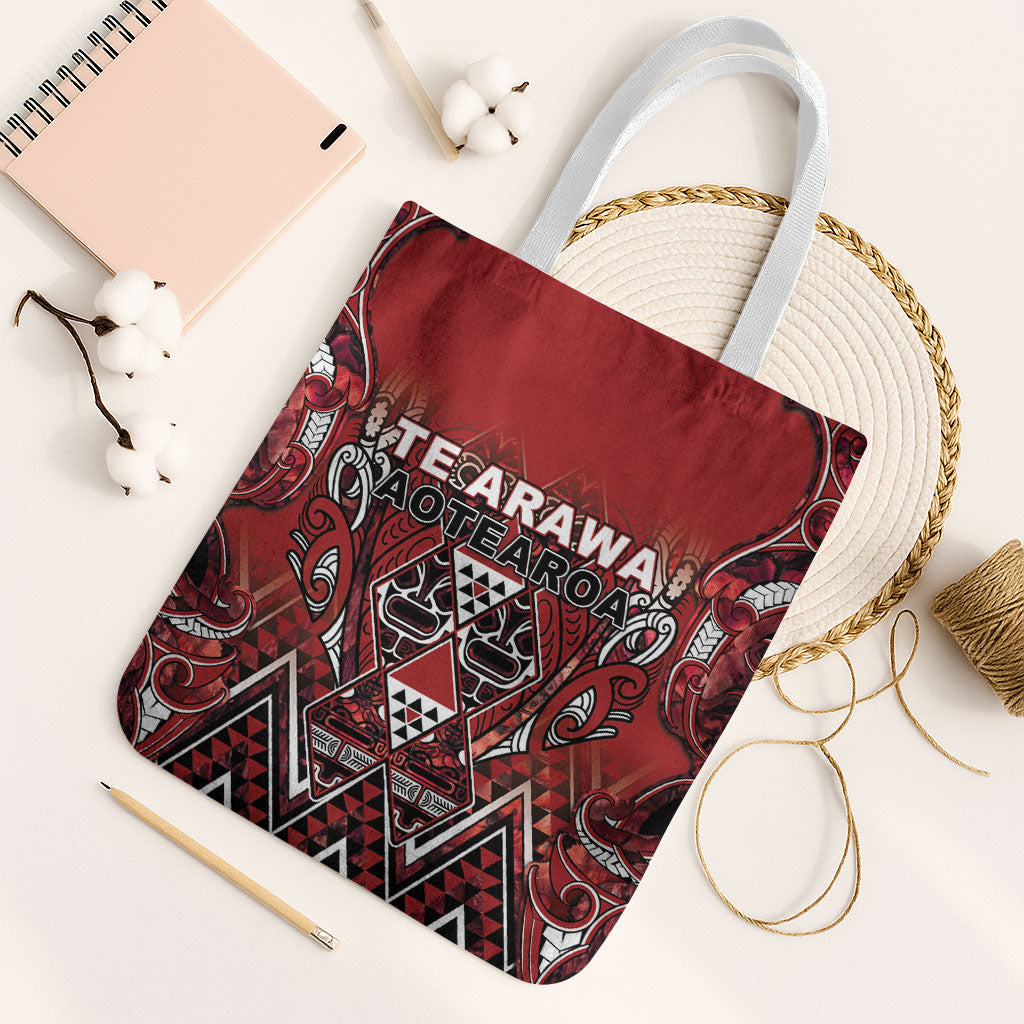 Aotearoa Te Arawa Tote Bag Maori Tribal Dark Red Paua Shell Pattern DT05 White Strap One Size Red - Polynesian Pride