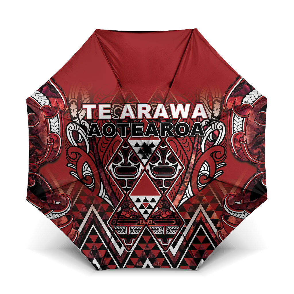 Aotearoa Te Arawa Umbrella Maori Tribal Dark Red Paua Shell Pattern DT05 One Size Folded 11.42 inch Opened Diameter 37.4 inch Red - Polynesian Pride