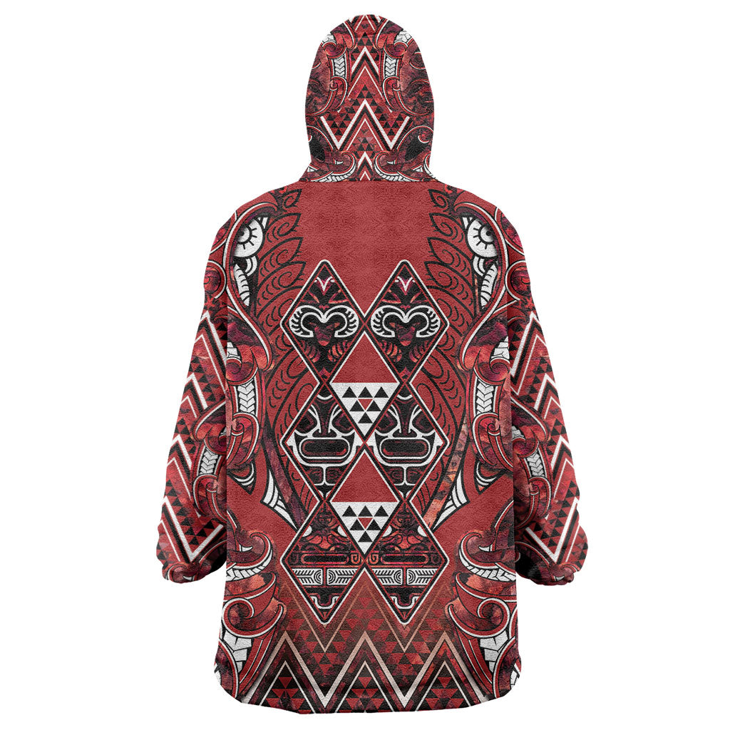 Aotearoa Te Arawa Wearable Blanket Hoodie Maori Tribal Dark Red Paua Shell Pattern DT05 - Polynesian Pride