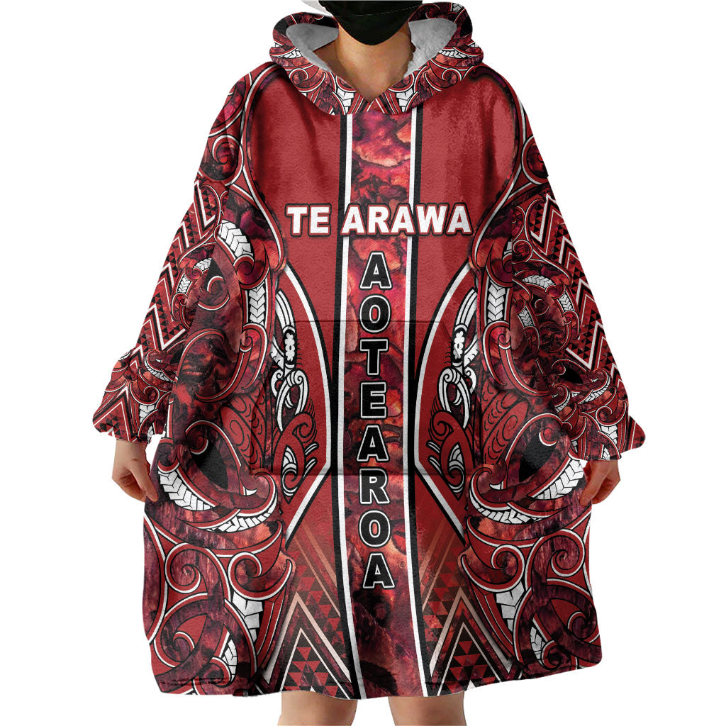 Aotearoa Te Arawa Wearable Blanket Hoodie Maori Tribal Dark Red Paua Shell Pattern DT05 - Polynesian Pride