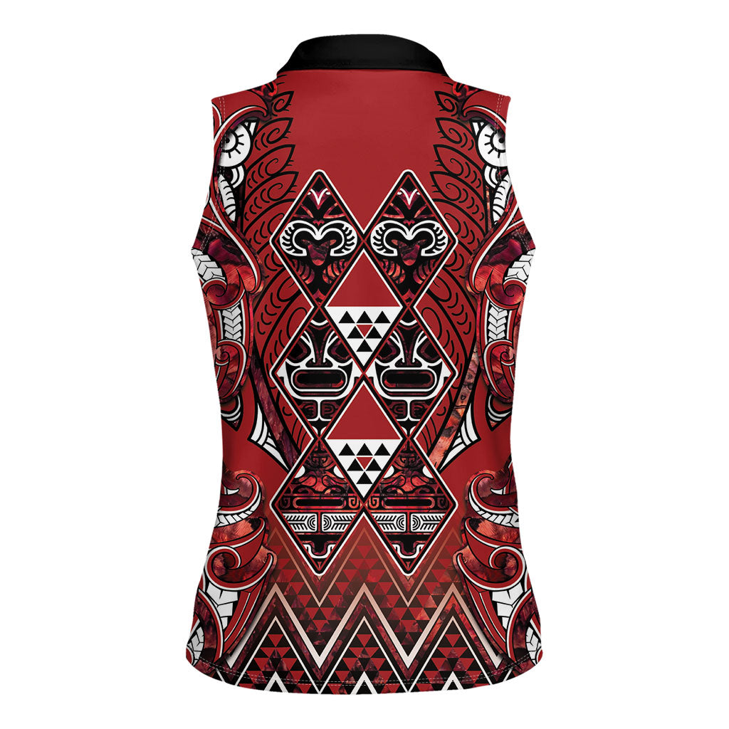 Aotearoa Te Arawa Women Sleeveless Polo Shirt Maori Tribal Dark Red Paua Shell Pattern DT05 - Polynesian Pride