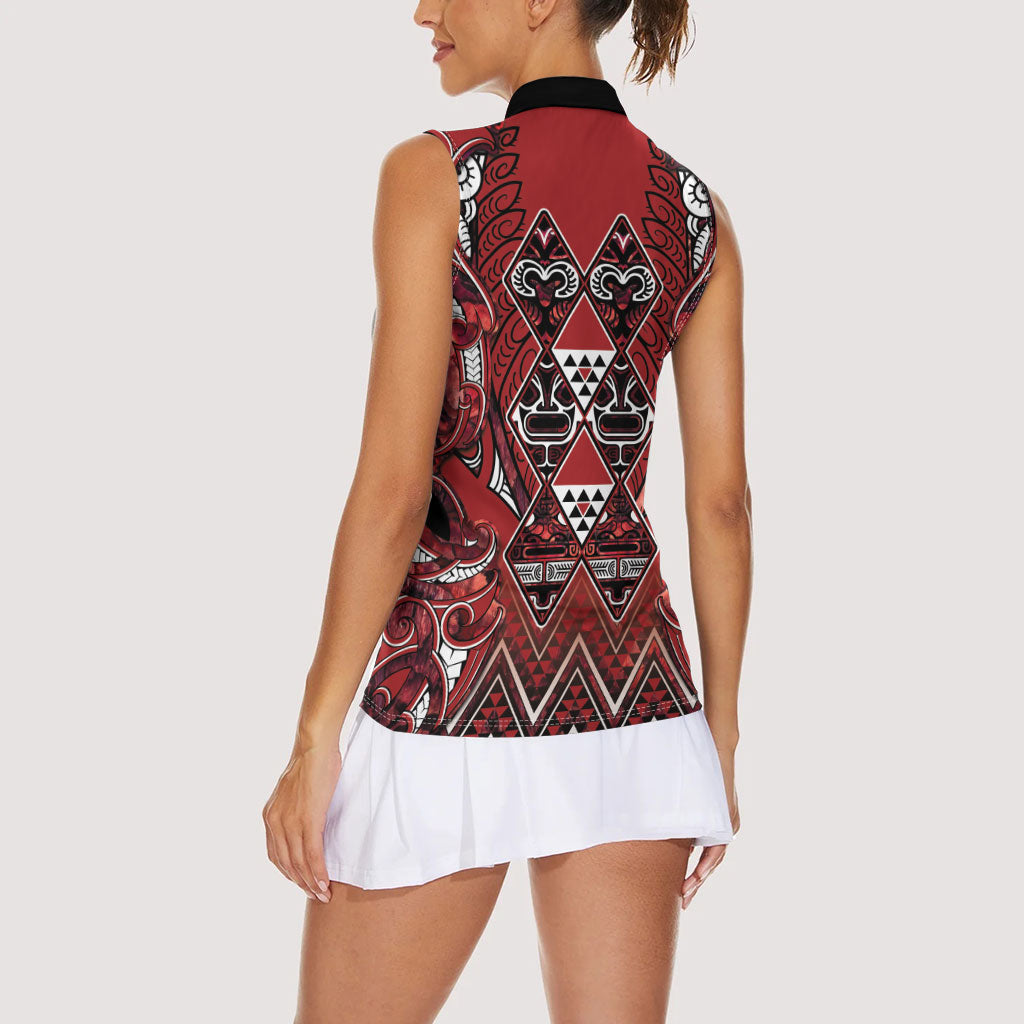 Aotearoa Te Arawa Women Sleeveless Polo Shirt Maori Tribal Dark Red Paua Shell Pattern DT05 - Polynesian Pride