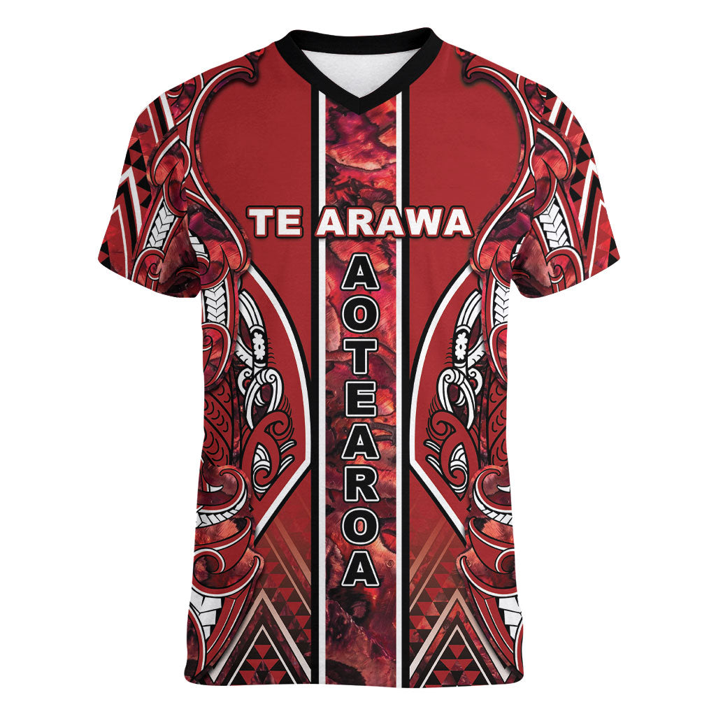 Aotearoa Te Arawa Women V-Neck T-Shirt Maori Tribal Dark Red Paua Shell Pattern DT05 Female Red - Polynesian Pride