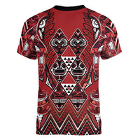 Aotearoa Te Arawa Women V-Neck T-Shirt Maori Tribal Dark Red Paua Shell Pattern DT05 - Polynesian Pride