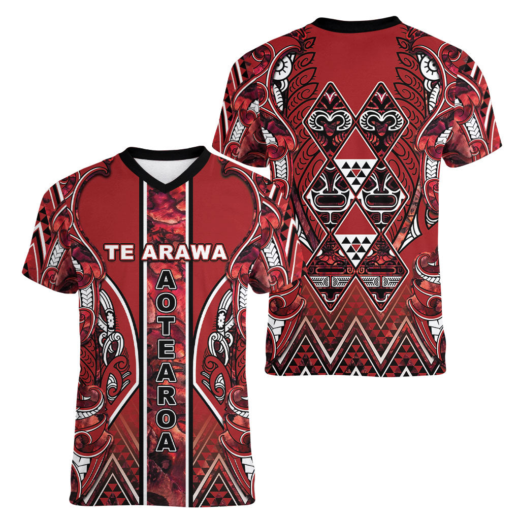 Aotearoa Te Arawa Women V-Neck T-Shirt Maori Tribal Dark Red Paua Shell Pattern DT05 - Polynesian Pride