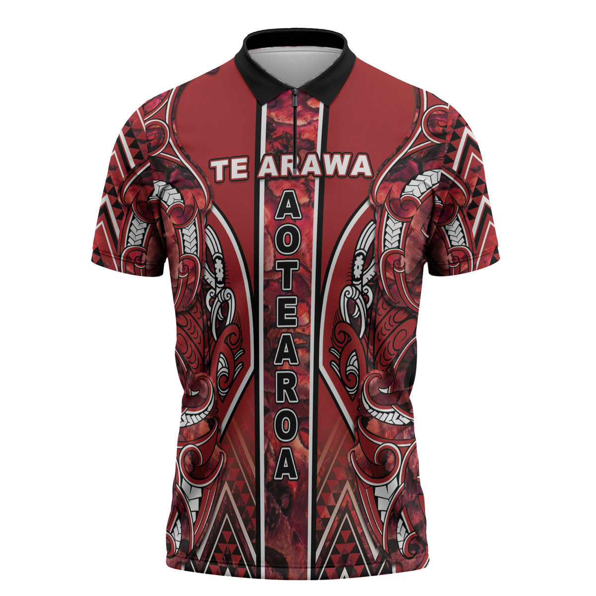 Aotearoa Te Arawa Zipper Polo Shirt Maori Tribal Dark Red Paua Shell Pattern DT05 Red - Polynesian Pride
