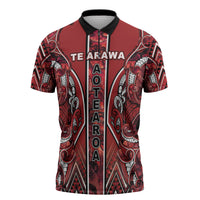 Aotearoa Te Arawa Zipper Polo Shirt Maori Tribal Dark Red Paua Shell Pattern DT05 Red - Polynesian Pride