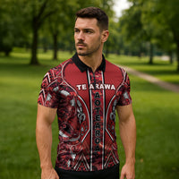 Aotearoa Te Arawa Zipper Polo Shirt Maori Tribal Dark Red Paua Shell Pattern DT05 - Polynesian Pride