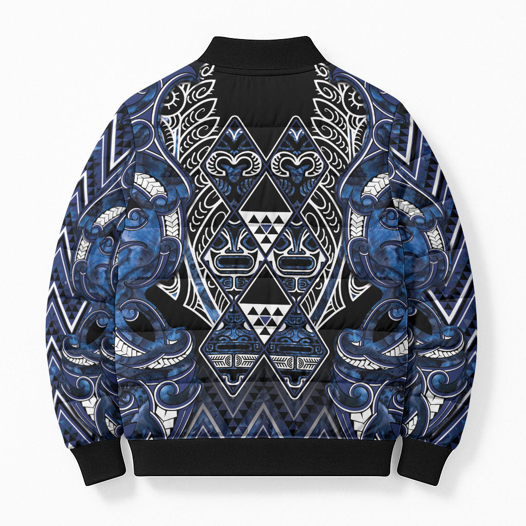 Aotearoa Tuwharetoa Bomber Puffer Jacket Maori Tribal Navy Paua Shell Pattern DT05 - Polynesian Pride