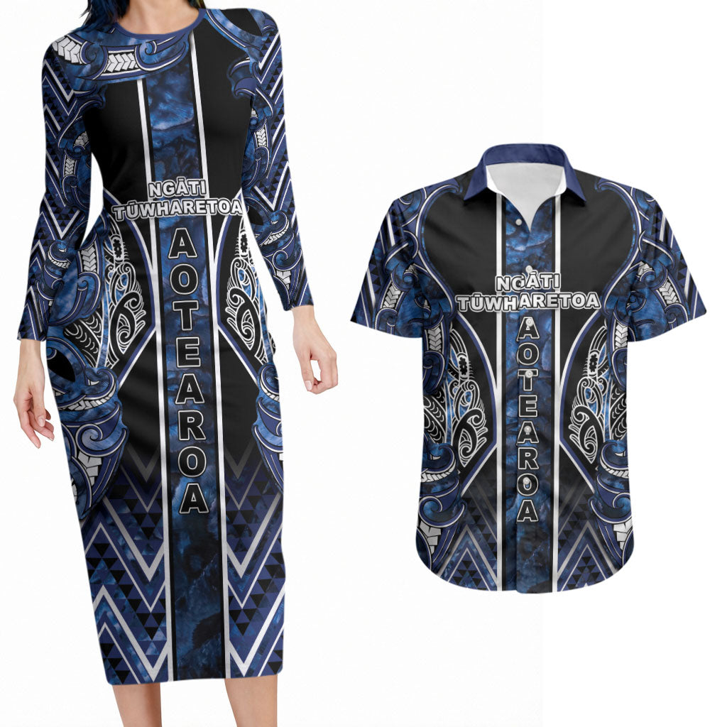 Aotearoa Tuwharetoa Couples Matching Long Sleeve Bodycon Dress and Hawaiian Shirt Maori Tribal Navy Paua Shell Pattern DT05 Navy - Polynesian Pride